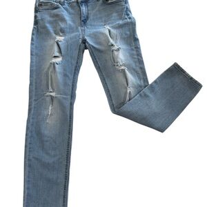 Enjean light wash stretchy distressed skinny jeans, rips tears, 5 pockets, 13.